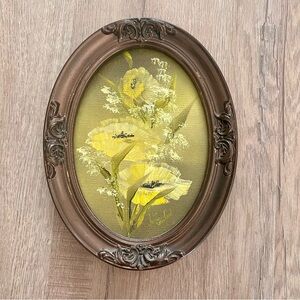 Antique Oval Original Oil Painting Yellow Poppy Wood Carving Frame Artist Signed